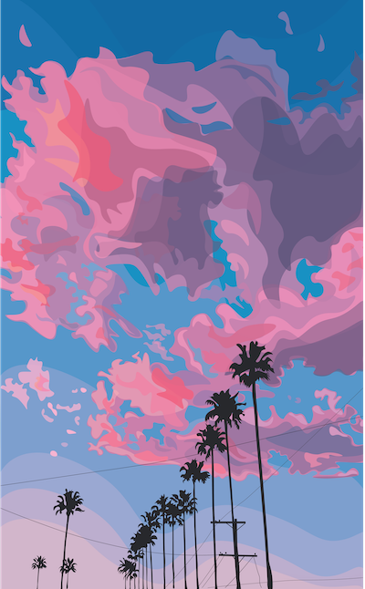 vector drawing of pink clouds and palm trees